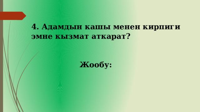 4. Адамдын кашы менен кирпиги эмне кызмат аткарат? Жообу: 