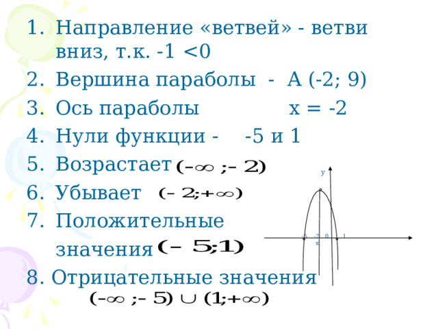 Направление «ветвей» - ветви вниз, т.к. -1 Вершина параболы - А (-2; 9) Ось параболы   х = -2 Нули функции -  -5 и 1 Возрастает Убывает Положительные  значения 8. Отрицательные значения     y                            -5 -2 0 1   x 