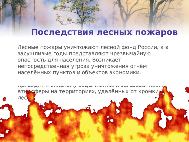 Последствия лесных пожаров Лесные пожары уничтожают лесной фонд России, а в засушливые годы представляют чрезвычайную опасность для населения. Возникает непосредственная угроза уничтожения огнём населённых пунктов и объектов экономики, расположенных в лесных массивах. Лесные пожары приводят к сильному задымлению и загазованности атмосферы на территориях, удалённых от кромки леса. 