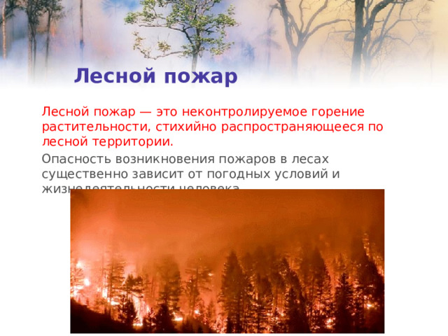 Лесной пожар Лесной пожар — это неконтролируемое горение растительности, стихийно распространяющееся по лесной территории. Опасность возникновения пожаров в лесах существенно зависит от погодных условий и жизнедеятельности человека. 