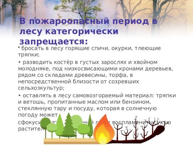 В пожароопасный период в  лесу категорически запрещается:  бросать в лесу горящие спичи, окурки, тлеющие тряпки; • разводить костёр в густых зарослях и хвойном молодняке, под низкосвисающими кронами деревьев, рядом со складами древесины, торфа, в непосредственной близости от созревших сельхозкультур; • оставлять в лесу самовозгораемый материал: тряпки и ветошь, пропитанные маслом или бензином, стеклянную тару и посуду, которая в солнечную погоду может сфокусировать солнечный луч и воспламенить сухую растительность; 