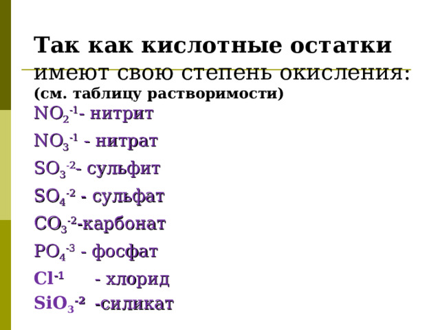     Так как кислотные остатки имеют свою степень окисления: (см. таблицу растворимости) NO 2 -1 - нитрит NO 3 -1 - нитрат SO 3 -2 - сульфит SO 4 -2 - сульфат С O 3 -2 - карбонат Р O 4 -3 - фосфат Cl -1   - хлорид SiO 3 -2  -силикат 