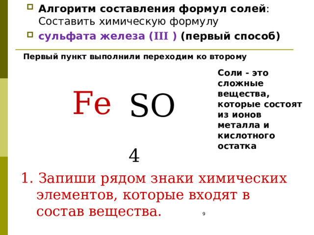 Химическая формула сульфата железа. Алгоритм составления формулы соли. Правила составления формул сложных веществ.