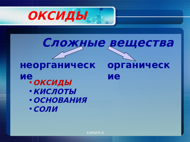  ОКСИДЫ    Сложные вещества неорганические органические ОКСИДЫ КИСЛОТЫ ОСНОВАНИЯ СОЛИ ХИМИЯ 8 