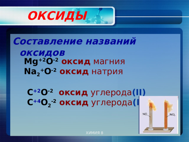  ОКСИДЫ   Составление названий оксидов Мg +2 О -2  оксид магния Na 2 + O -2  оксид натрия С +2 О -2   оксид углерода (II)  С +4 О 2 -2  оксид углерода (IV) ХИМИЯ 8 