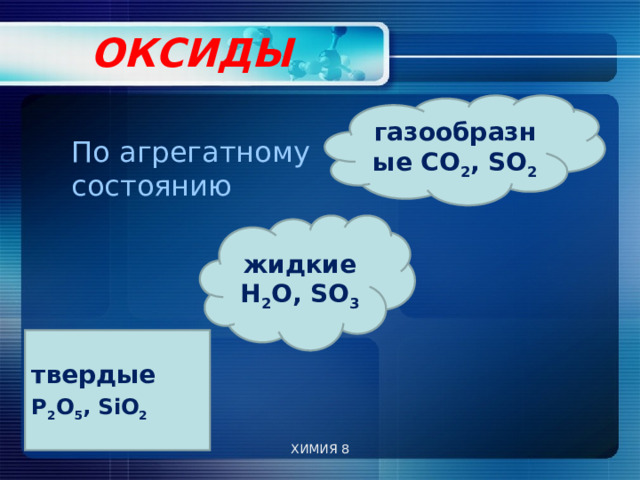  ОКСИДЫ   газообразные CO 2 , SO 2 По агрегатному состоянию жидкие Н 2 О, SO 3  твердые P 2 O 5 , SiO 2  ХИМИЯ 8 