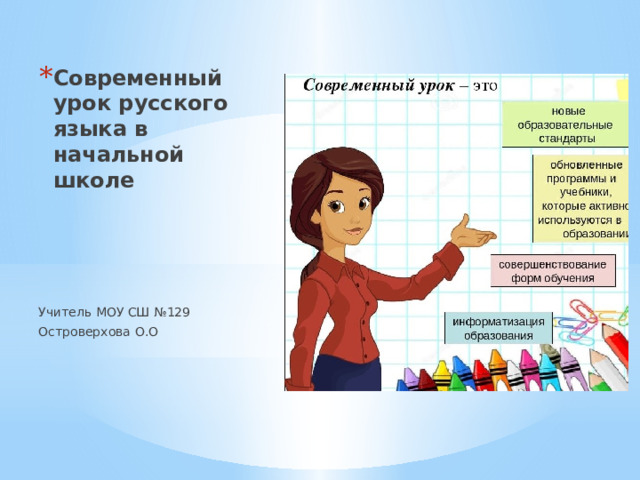 Современный урок русского языка в начальной школе Учитель МОУ СШ №129 Островерхова О.О 