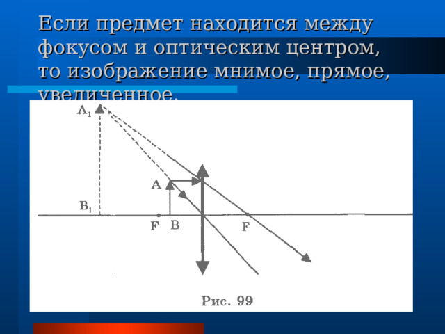 Если предмет находится между фокусом и оптическим центром, то изображение мнимое, прямое, увеличенное. 