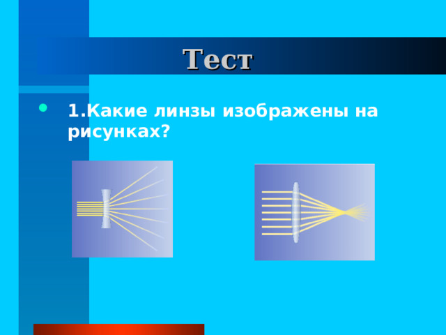  Тест 1.Какие линзы изображены на рисунках? 