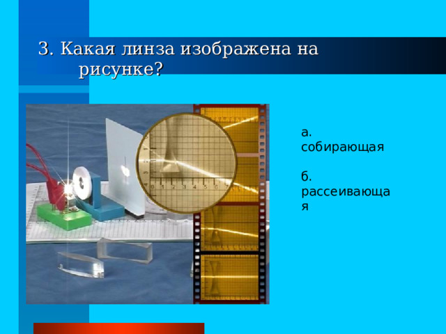 3. Какая линза изображена на рисунке? а.  собирающая  б.  рассеивающая 