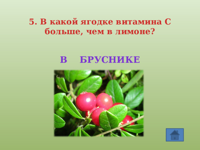 5. В какой ягодке витамина С больше, чем в лимоне?   В бруснике  