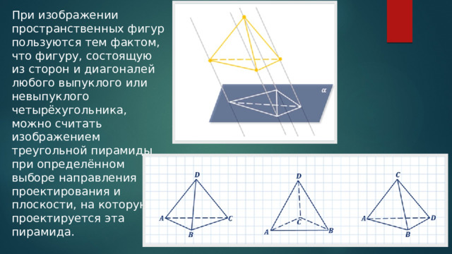 При изображении пространственных фигур пользуются тем фактом, что фигуру, состоящую из сторон и диагоналей любого выпуклого или невыпуклого четырёхугольника, можно считать изображением треугольной пирамиды при определённом выборе направления проектирования и плоскости, на которую проектируется эта пирамида. 