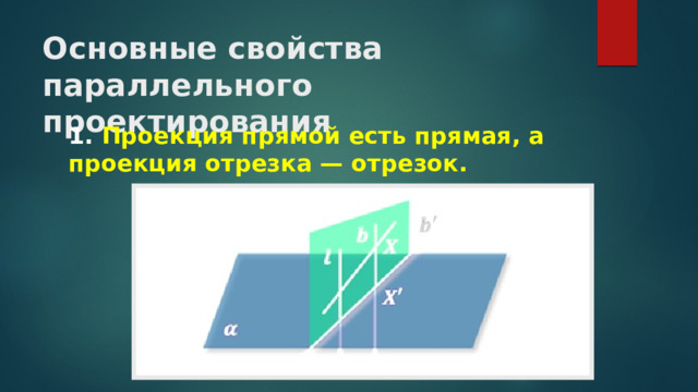 Основные свойства параллельного проектирования   1. Проекция прямой есть прямая, а проекция отрезка — отрезок. 