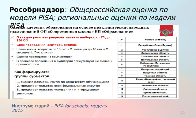 Рособрнадзор : Общероссийская оценка по модели PISA; региональные оценки по модели PISA Начиная с осени 2019 года до 2024 года все регионы страны должны будут пройти экзамен по функциональной грамотности на основе инструментария исследования PISA for schools. 14 регионов страны по плану Рособрнадзора первыми должны пройти данное испытание до конца 2019 года. Инструментарий – PISA for schools, модель 2015 11 11 