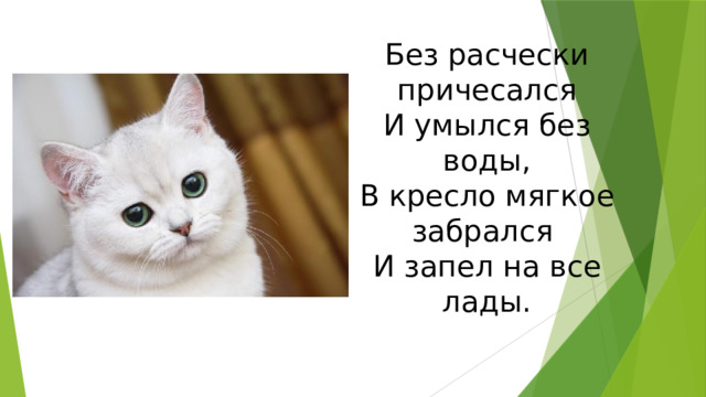 Без расчески причесался  И умылся без воды,  В кресло мягкое забрался  И запел на все лады. 