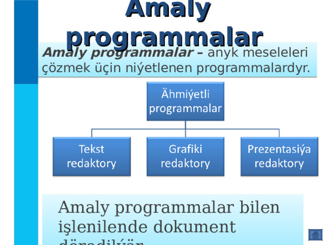  Amaly programmalar Amaly programmalar – anyk meseleleri çözmek üçin niýetlenen programmalardyr.  Amaly programmalar bilen işlenilende dokumen t döredilýär. 