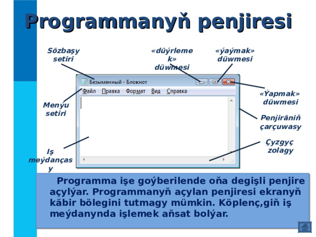 Programmanyň penjiresi Sözbaşy setiri «düýrlemek» düwmesi «ýaýmak» düwmesi  «Ýapmak» düwmesi Menýu setiri P enjiräniň çarçuwasy Ç yzgyç zolagy Iş meýdançasy  Programma işe goýberilende oňa degişli penjire açylýar. Programmanyň  açylan penjiresi ekranyň käbir bölegini tutmagy mümkin. Köplenç,giň iş meýdanynda işlemek aňsat bolýar. 