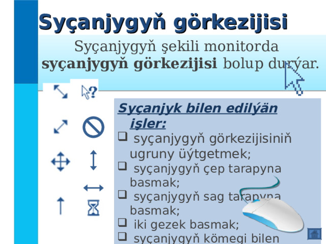 Syçanjygyň görkezijisi  Syçanjygyň şekili monitorda syçanjygyň görkezijisi bolup durýar. S yçanjyk bilen edilýän işler:  syçanjygyň görkezijisiniň ugruny üýtgetmek ;  syçanjygyň çep tarapyna basmak;  syçanjygyň sag tarapyna basmak;  iki gezek basmak;  syçanjygyň kömegi bilen obýekti süýşürmek; 