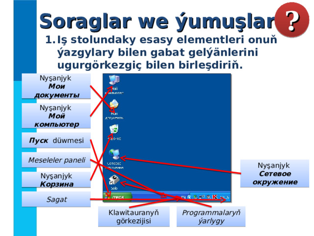Soraglar we ýumuşlar ? Iş stolundaky esasy elementleri onuň ýazgylary bilen gabat gelýänlerini ugurgörkezgiç bilen birleşdiriň. Nyşanjyk  Мои документы Nyşanjyk  Мой компьютер Пуск düwmesi Meseleler paneli Nyşanjyk  Сетевое окружение Nyşanjyk Корзина Sagat Programmalaryň ýarlygy Klawitauranyň görkezijisi 
