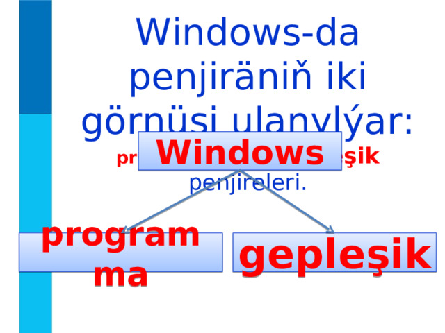 Windows-da penjiräniň iki görnüşi ulanylýar: programma  we gepleşik penjireleri. Windows programma gepleşik 