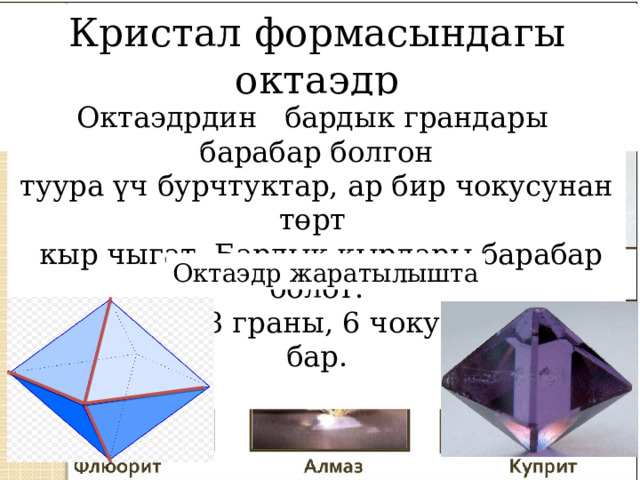 Кристал формасындагы октаэдр Октаэдрдин бардык грандары барабар болгон туура үч бурчтуктар, ар бир чокусунан төрт  кыр чыгат. Бардык кырлары барабар болот. Октаэдрдин 8 граны, 6 чокусу, 12 кыры бар. Октаэдр жаратылышта 