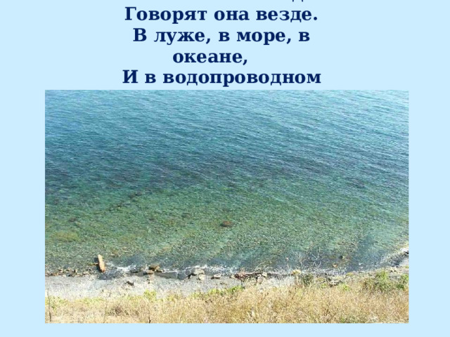 Вы слыхали о воде? Говорят она везде. В луже, в море, в океане, И в водопроводном кране 