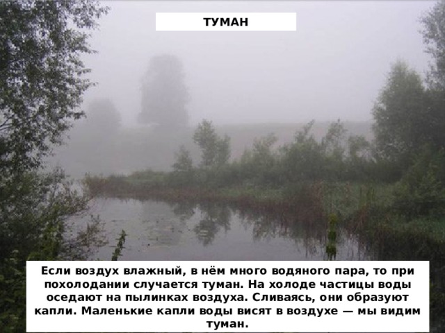 ТУМАН Если воздух влажный, в нём много водяного пара, то при похолодании случается туман. На холоде частицы воды оседают на пылинках воздуха. Сливаясь, они образуют капли. Маленькие капли воды висят в воздухе — мы видим туман. 
