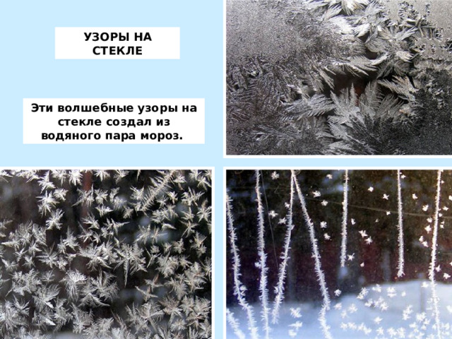 УЗОРЫ НА СТЕКЛЕ Эти волшебные узоры на стекле создал из водяного пара мороз. 