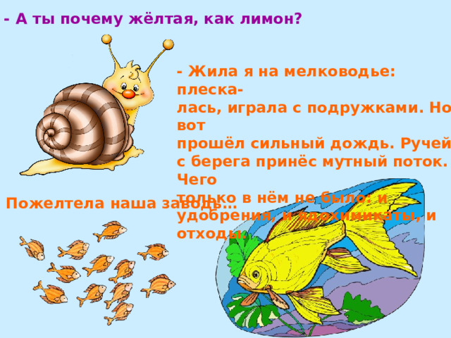 - А ты почему жёлтая, как лимон? -  Жила я на мелководье: плеска- лась, играла с подружками. Но вот прошёл сильный дождь. Ручей с берега принёс мутный поток. Чего только в нём не было: и удобрения, и ядохимикаты, и отходы.  Пожелтела наша заводь…  