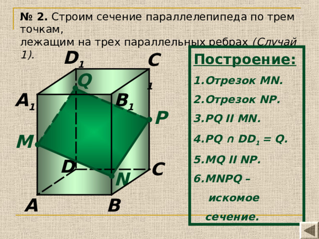 № 2. Строим сечение параллелепипеда по трем точкам, лежащим на трех параллельных ребрах (Случай 1). D 1 C 1 Построение:  Отрезок MN. Отрезок N Р . Р Q II MN .  PQ ∩ DD 1 = Q. MQ II NP. MN Р Q –  искомое сечение. Q A 1 B 1 P М D C N A B 