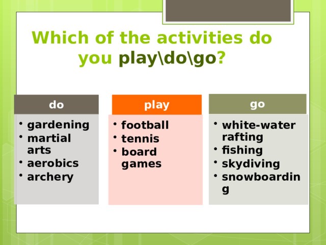 Which of the activities do you play\do\go ? go do play gardening martial arts aerobics archery gardening martial arts aerobics archery white-water rafting fishing skydiving snowboarding white-water rafting fishing skydiving snowboarding football tennis board games football tennis board games 
