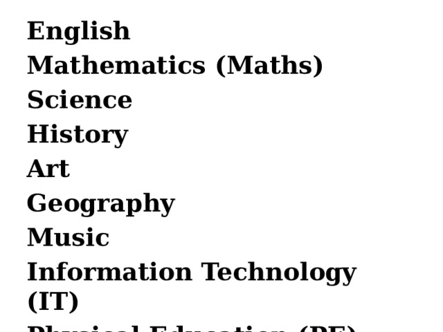 English Mathematics (Maths) Science History Art Geography Music Information Technology (IT) Physical Education (PE) 