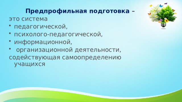 Предпрофильная подготовка – это система педагогической, психолого-педагогической, информационной,  организационной деятельности, содействующая самоопределению учащихся 