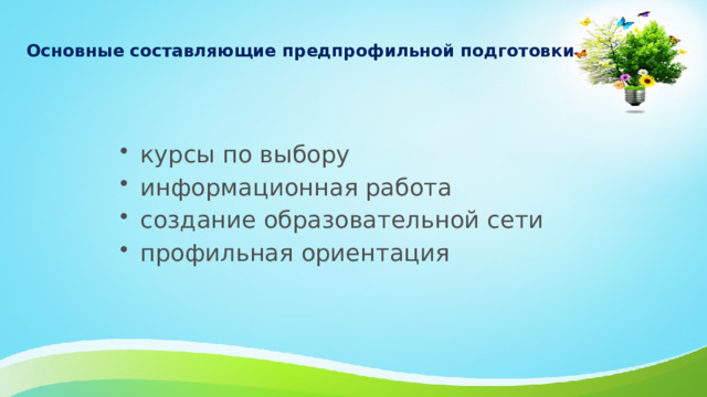 Основные составляющие предпрофильной подготовки курсы по выбору информационная работа создание образовательной сети профильная ориентация 