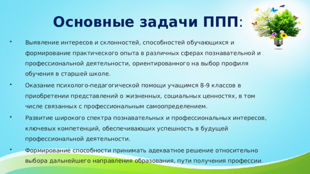 Основные задачи ППП : Выявление интересов и склонностей, способностей обучающихся и формирование практического опыта в различных сферах познавательной и профессиональной деятельности, ориентированного на выбор профиля обучения в старшей школе. Оказание психолого-педагогической помощи учащимся 8-9 классов в приобретении представлений о жизненных, социальных ценностях, в том числе связанных с профессиональным самоопределением. Развитие широкого спектра познавательных и профессиональных интересов, ключевых компетенций, обеспечивающих успешность в будущей профессиональной деятельности. Формирование способности принимать адекватное решение относительно выбора дальнейшего направления образования, пути получения профессии . 