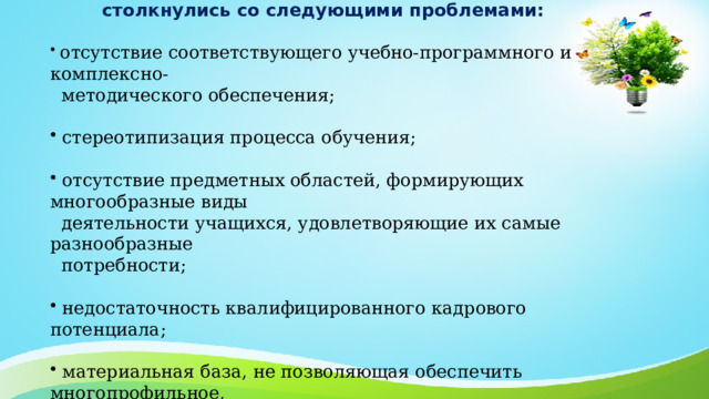 При введении предпрофильной подготовки, школы столкнулись со следующими проблемами:   отсутствие соответствующего учебно-программного и комплексно-  методического обеспечения;  стереотипизация процесса обучения;  отсутствие предметных областей, формирующих многообразные виды  деятельности учащихся, удовлетворяющие их самые разнообразные  потребности;  недостаточность квалифицированного кадрового потенциала;  материальная база, не позволяющая обеспечить многопрофильное,  вариативное обучение. 