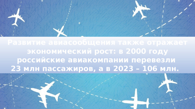 Развитие авиасообщения также отражает экономический рост: в 2000 году российские авиакомпании перевезли 23 млн пассажиров, а в 2023 – 106 млн. 