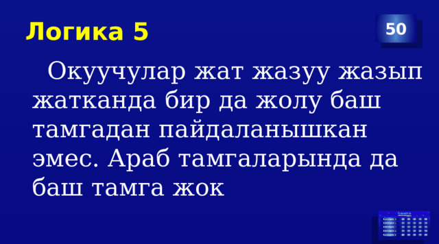 Логика 5 50  Окуучулар жат жазуу жазып жатканда бир да жолу баш тамгадан пайдаланышкан эмес. Араб тамгаларында да баш тамга жок 