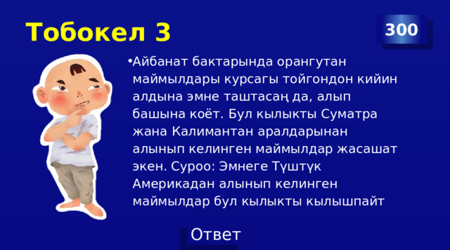 Тобокел 3 300 Айбанат бактарында орангутан маймылдары курсагы тойгондон кийин алдына эмне таштасаң да, алып башына коёт. Бул кылыкты Суматра жана Калимантан аралдарынан алынып келинген маймылдар жасашат экен. Суроо: Эмнеге Түштүк Америкадан алынып келинген маймылдар бул кылыкты кылышпайт 