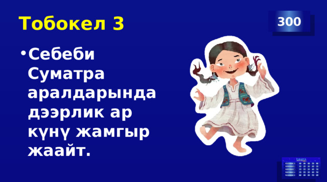 Тобокел 3 300 Себеби Суматра аралдарында дээрлик ар күнү жамгыр жаайт. 