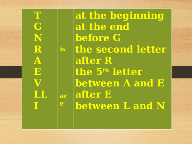  T  G  N  R  A  E  V  LL  I       is        are at the beginning at the end before G the second letter after R the 5 th letter between A and E after E between L and N  