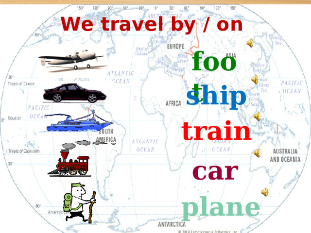 We travel by / on  foot ship train car plane 