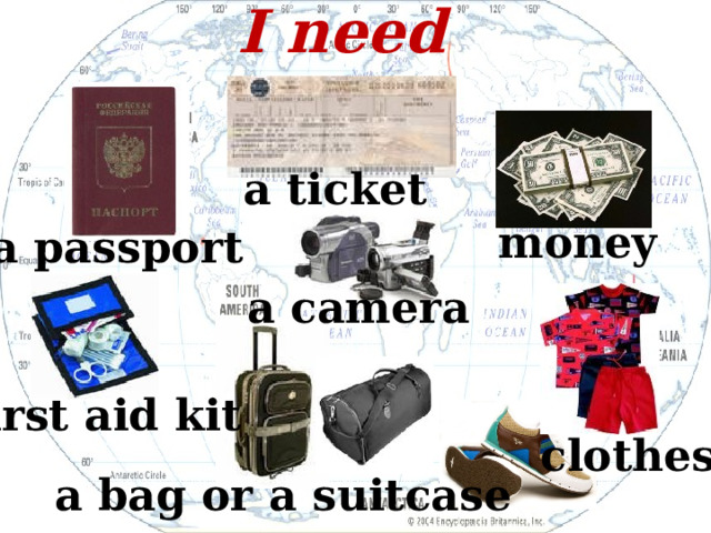 I need a ticket money a passport a camera first aid kit clothes a bag or a suitcase 