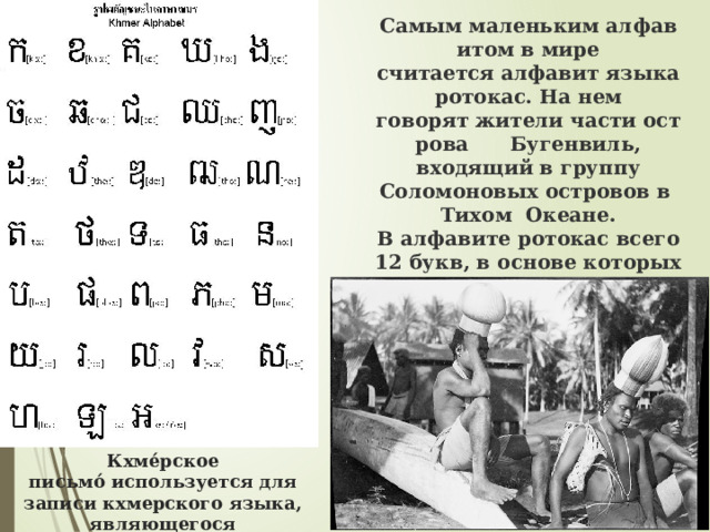 Самым маленьким алфавитом в мире считается алфавит языка ротокас. На нем говорят жители части острова  Бугенвиль, входящий в группу Соломоновых островов в Тихом  Океане. В алфавите ротокас всего 12 букв, в основе которых – латиница: A E G I K O P R S T U V. Эти буквы используются для записи одиннадцати звуков. Кхме́рское письмо́ используется для записи кхмерского языка, являющегося государственным языком Камбоджи. 