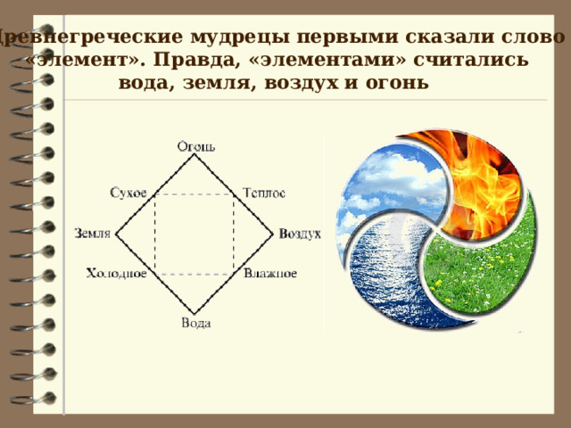  Древнегреческие мудрецы первыми сказали слово  «элемент». Правда, «элементами» считались вода, земля, воздух и огонь 