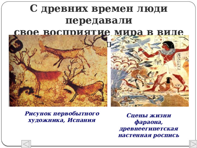 С древних времен люди передавали  свое восприятие мира в виде рисунка Рисунок первобытного художника, Испания Сцены жизни фараона, древнеегипетская настенная роспись  