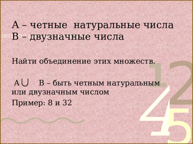 А – четные натуральные числа  В – двузначные числа   Найти объединение этих множеств.  А В – быть четным натуральным или двузначным числом Пример: 8 и 32 