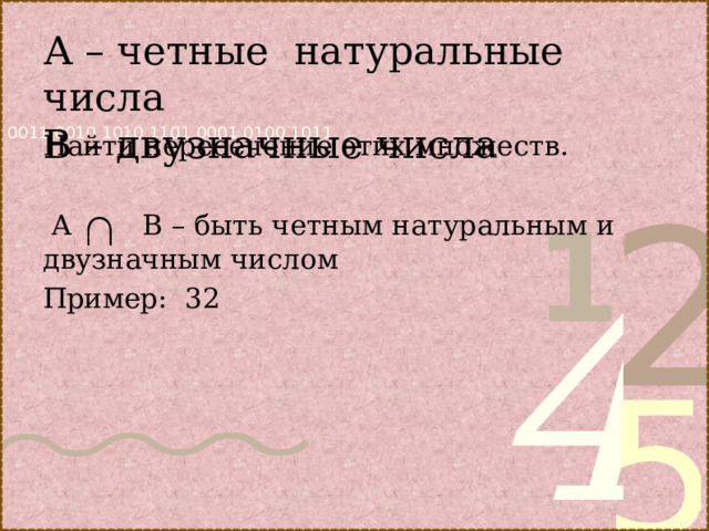 А – четные натуральные числа  В – двузначные числа Найти пересечение этих множеств.  А В – быть четным натуральным и двузначным числом Пример: 32 