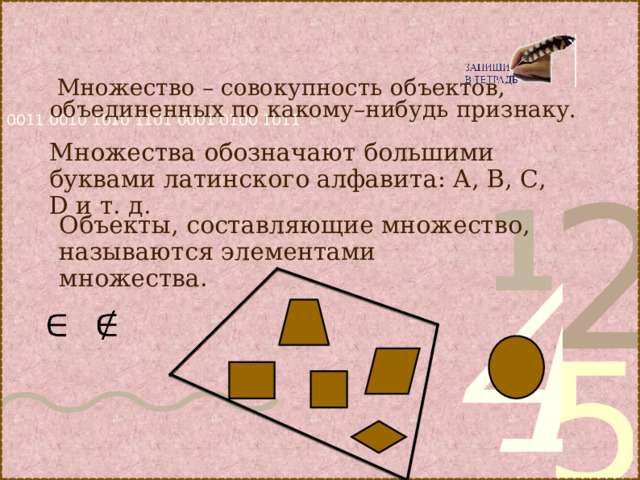  Множество – совокупность объектов, объединенных по какому–нибудь признаку. Множества обозначают большими буквами латинского алфавита: А, В, С, D и т. д. Объекты, составляющие множество, называются элементами множества.  