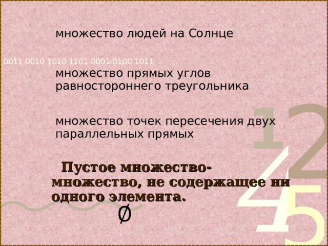 множество людей на Солнце множество прямых углов равностороннего треугольника множество точек пересечения двух параллельных прямых Пустое множество- множество, не содержащее ни одного элемента. 